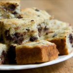 Banana chocolate chip cake on a plate.