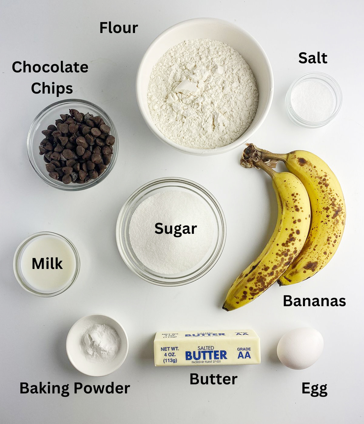 Ingredients needed for banana chocolate chip cake.