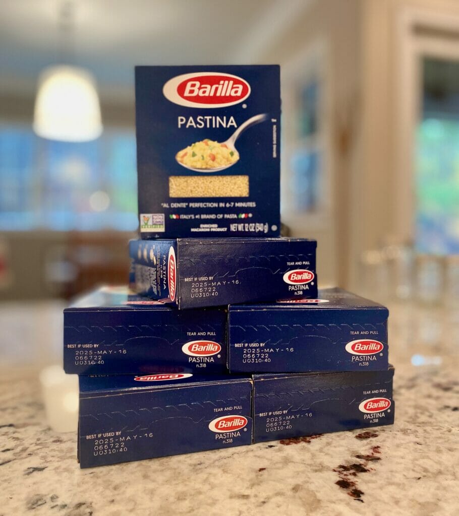 Boxes of Pastina on a counter.