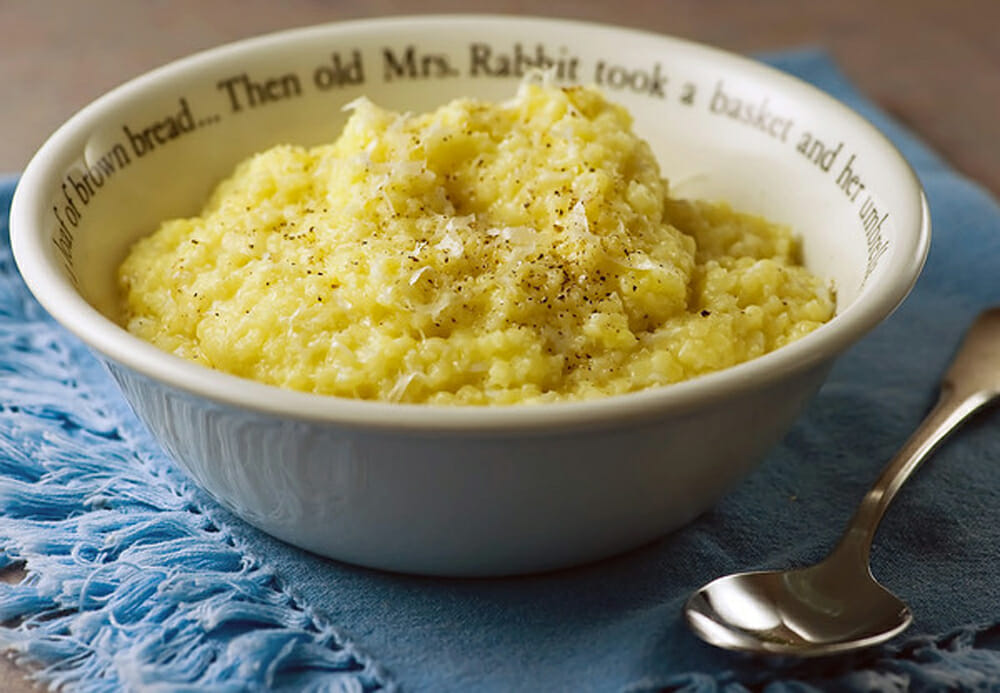 Pastina with egg and cheese in a Peter Rabbit bowl.