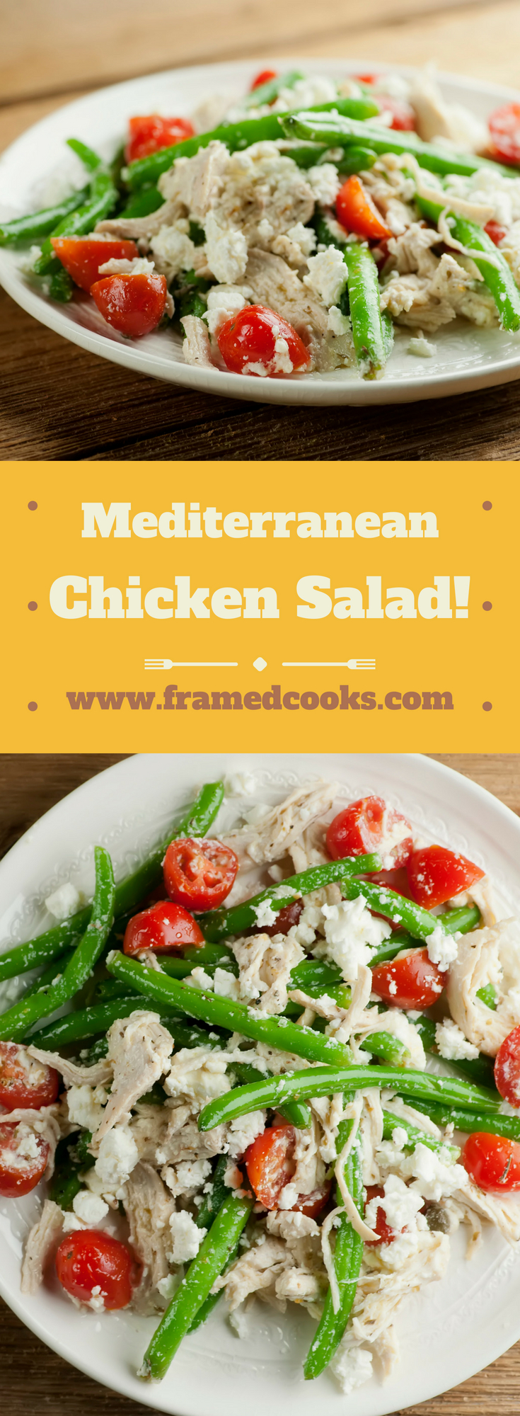 Chicken salad takes on a European flavor in this fresh summer recipe! Mediterranean chicken salad features feta cheese with tomatoes and green beans, spicy capers and aromatic oregano for a light and delicious spin on the classic lunchtime favorite.