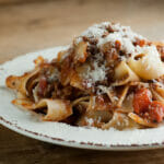 Pasta with meat spaghetti sauce on a plate.