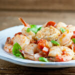 shrimp tomato basil linguine with goat cheese rounds