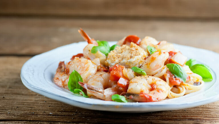 shrimp tomato basil linguine with goat cheese rounds
