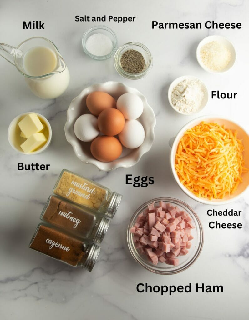 Ham and cheese souffle ingredients on a counter.