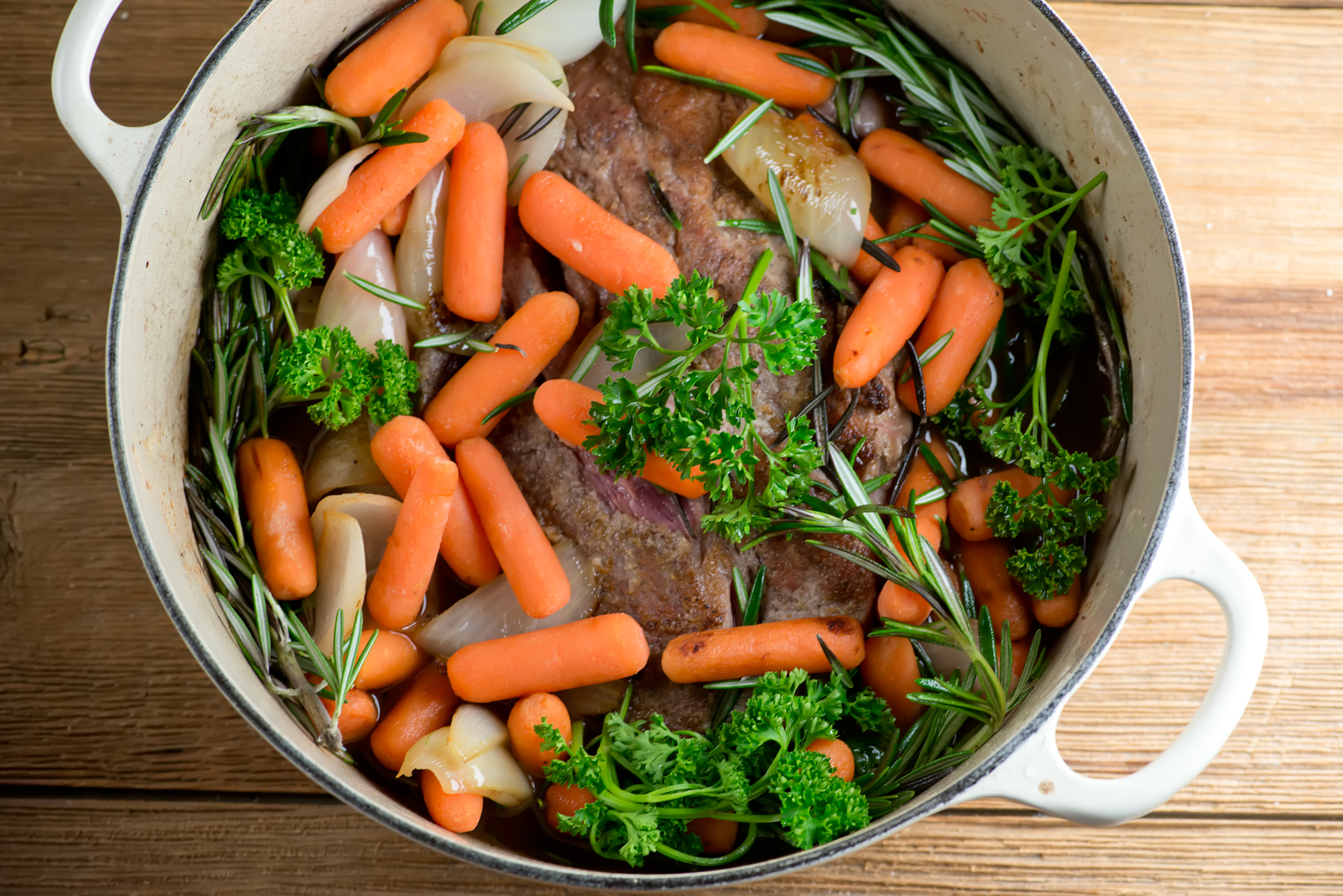 Pot roast ingredients in a Dutch oven.