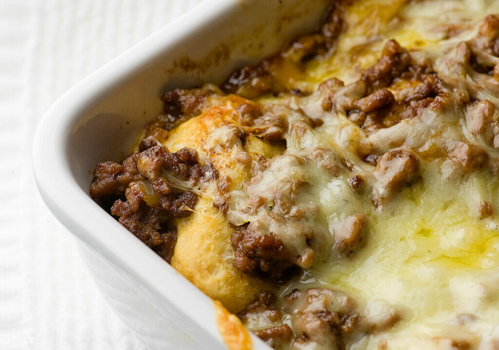 Barbecue casserole in a casserole dish.