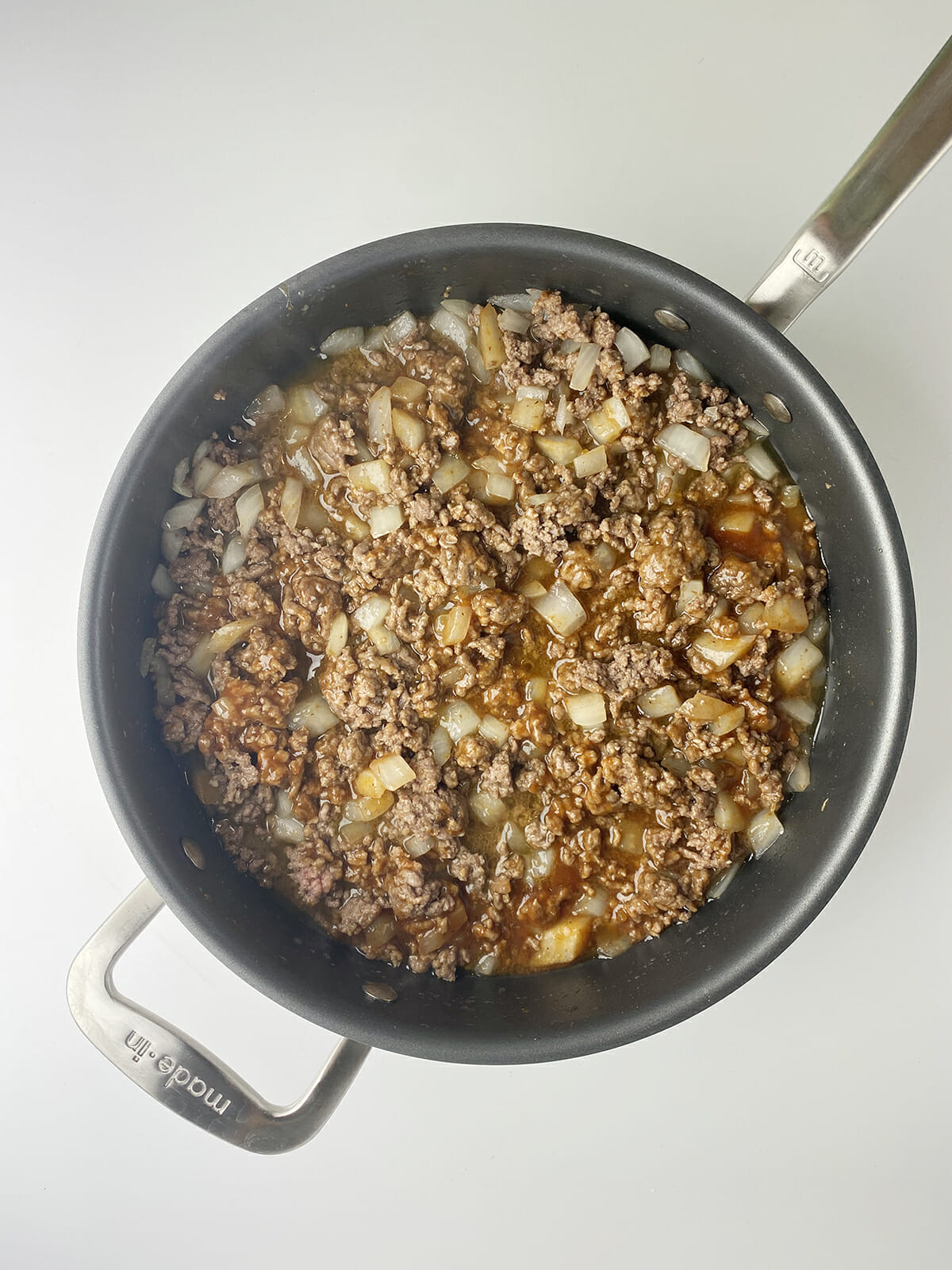 Barbecue casserole mixture in a skillet.