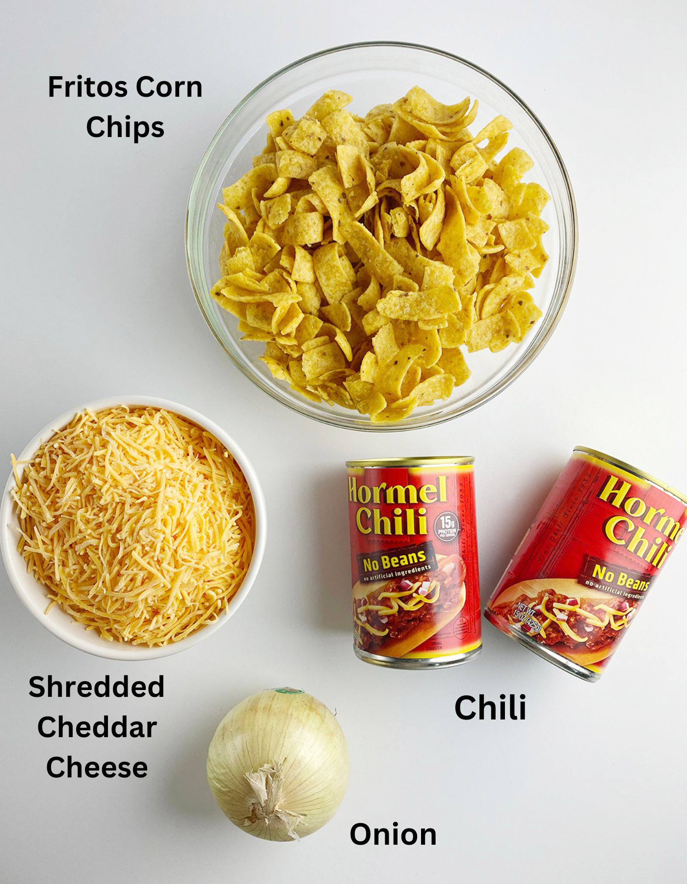 Ingredients for Frito Chili Pie on a white counter.