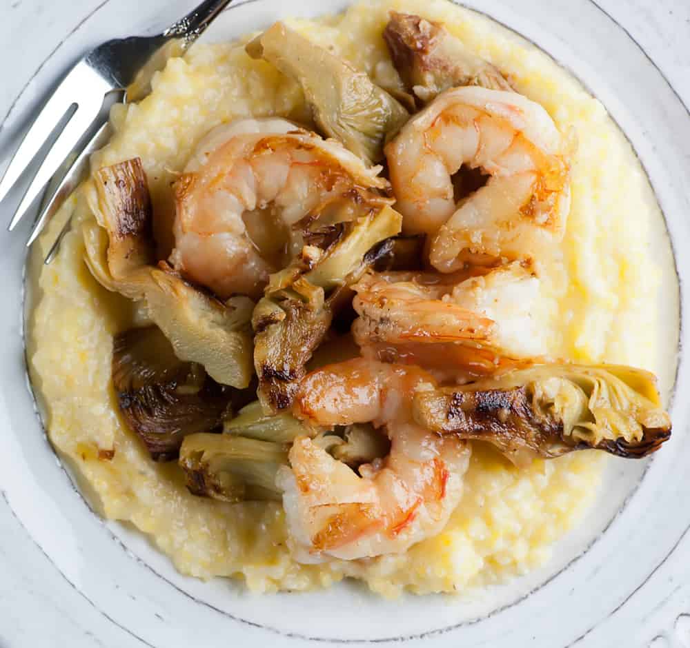 Shrimp and Grits with Artichoke Hearts Framed Cooks