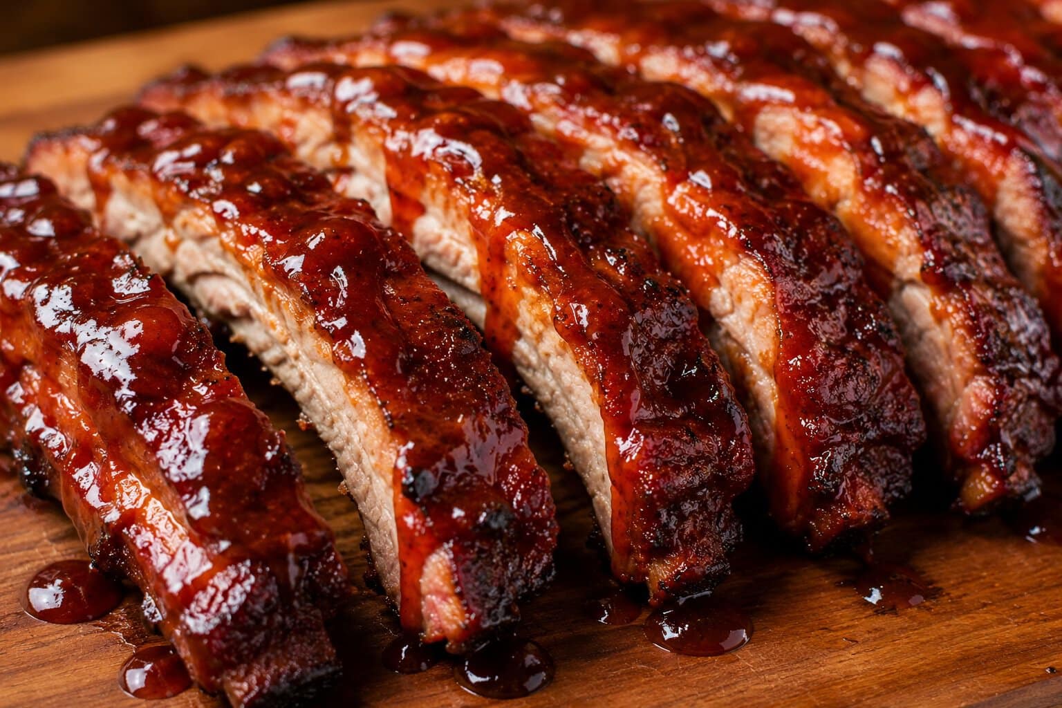 Sliced Coca Cola Ribs on a wooden board.