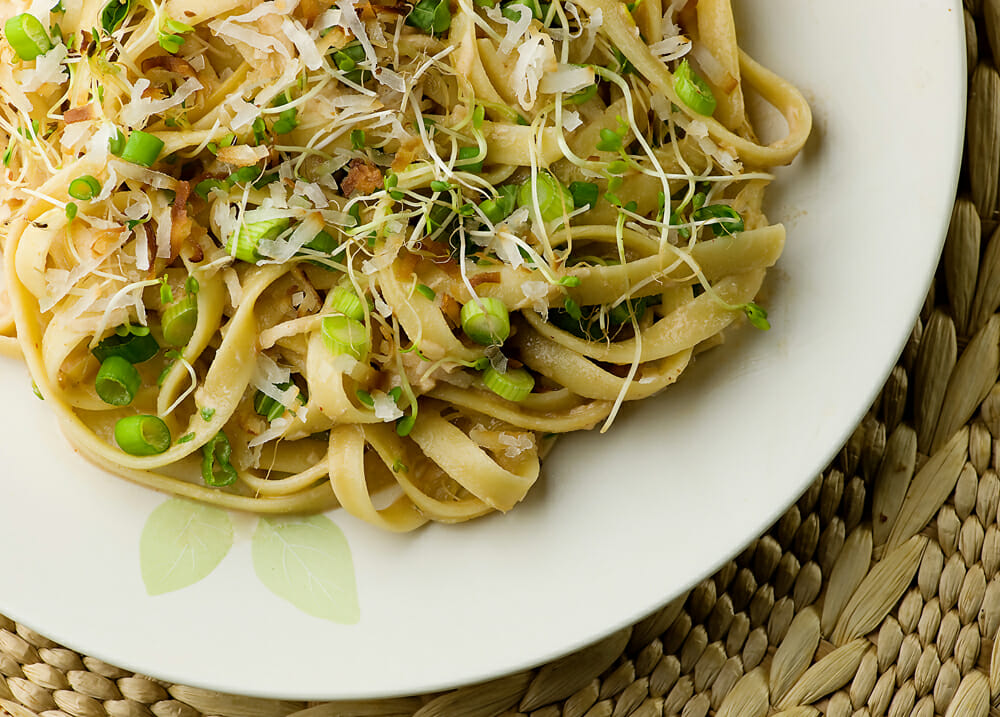 Easy spicy coconut noodles oon a plate.