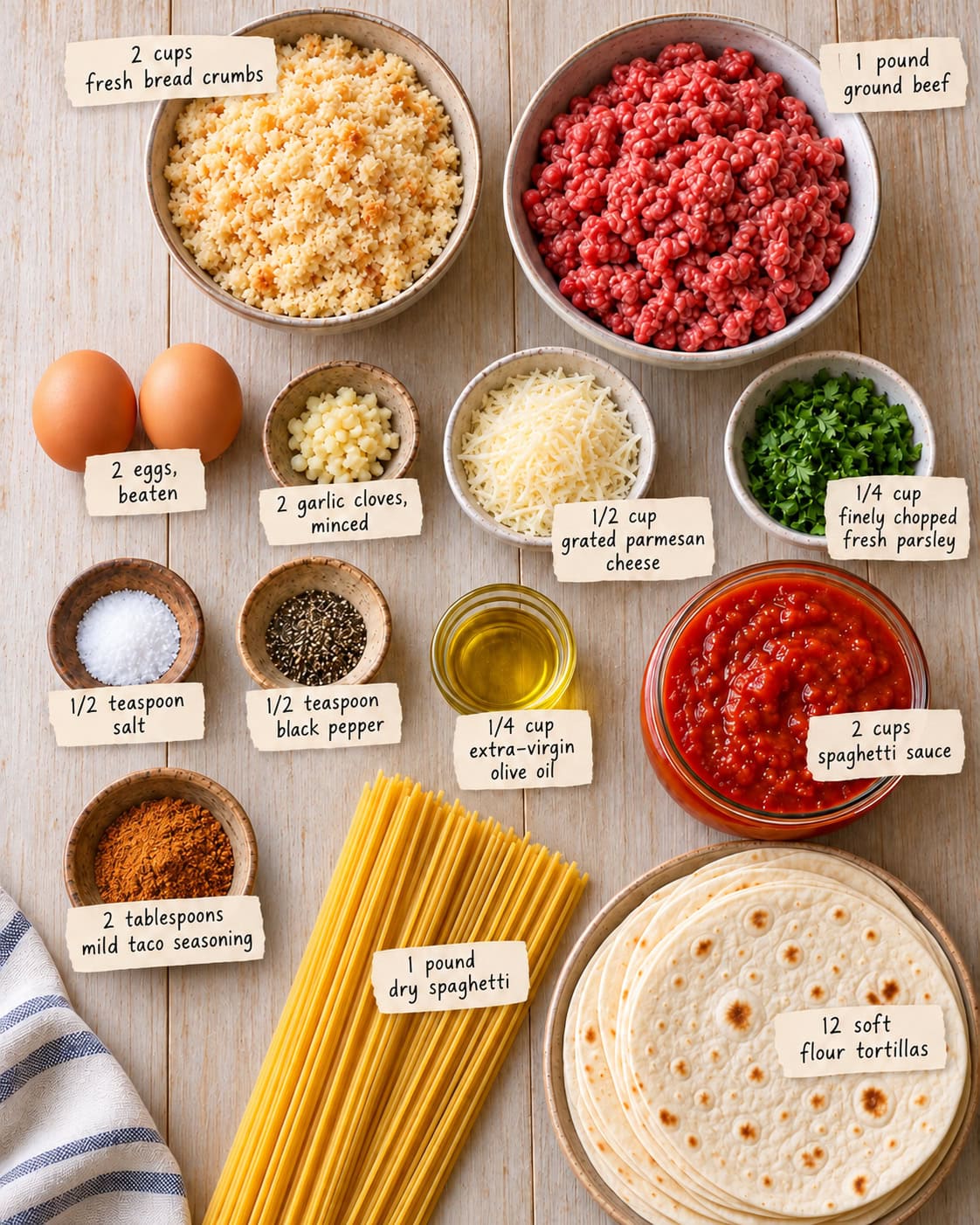 Ingredients for spaghetti tacos.