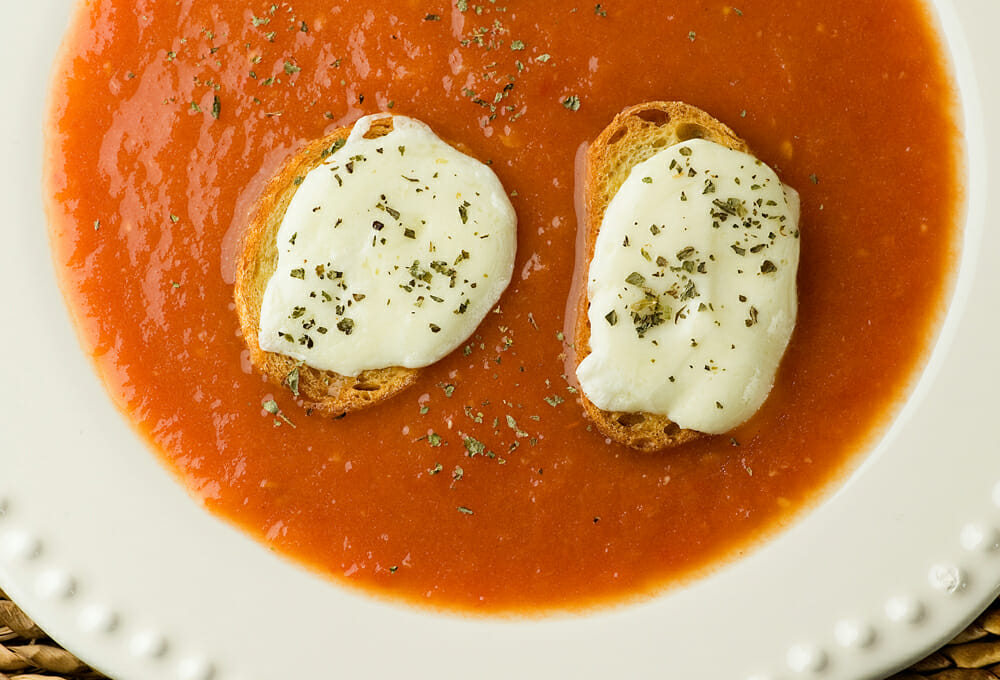 Tomato Soup with Mozzarella Croutons Framed Cooks