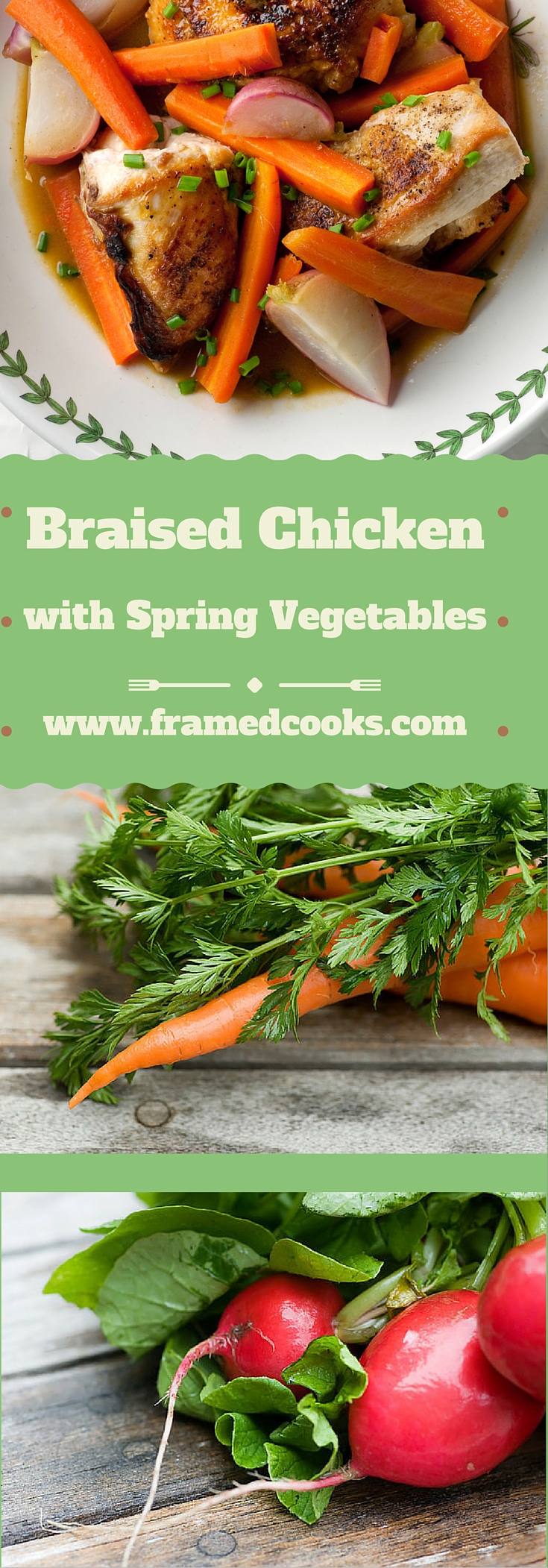 Chicken, radishes and carrots simmer up tenderly in this easy recipe for braised chicken with spring vegetables. Think spring!