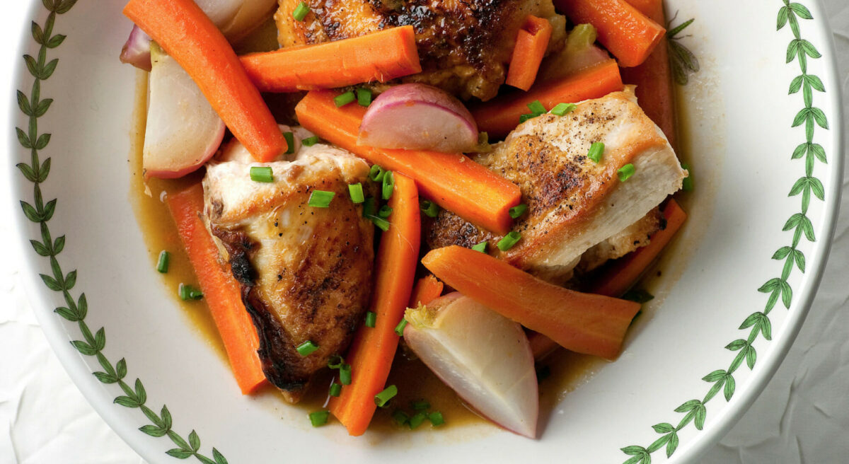 Chicken with Spring Vegetables in a bowl.