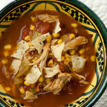 Slow cooker chicken tortilla soup in a bowl.