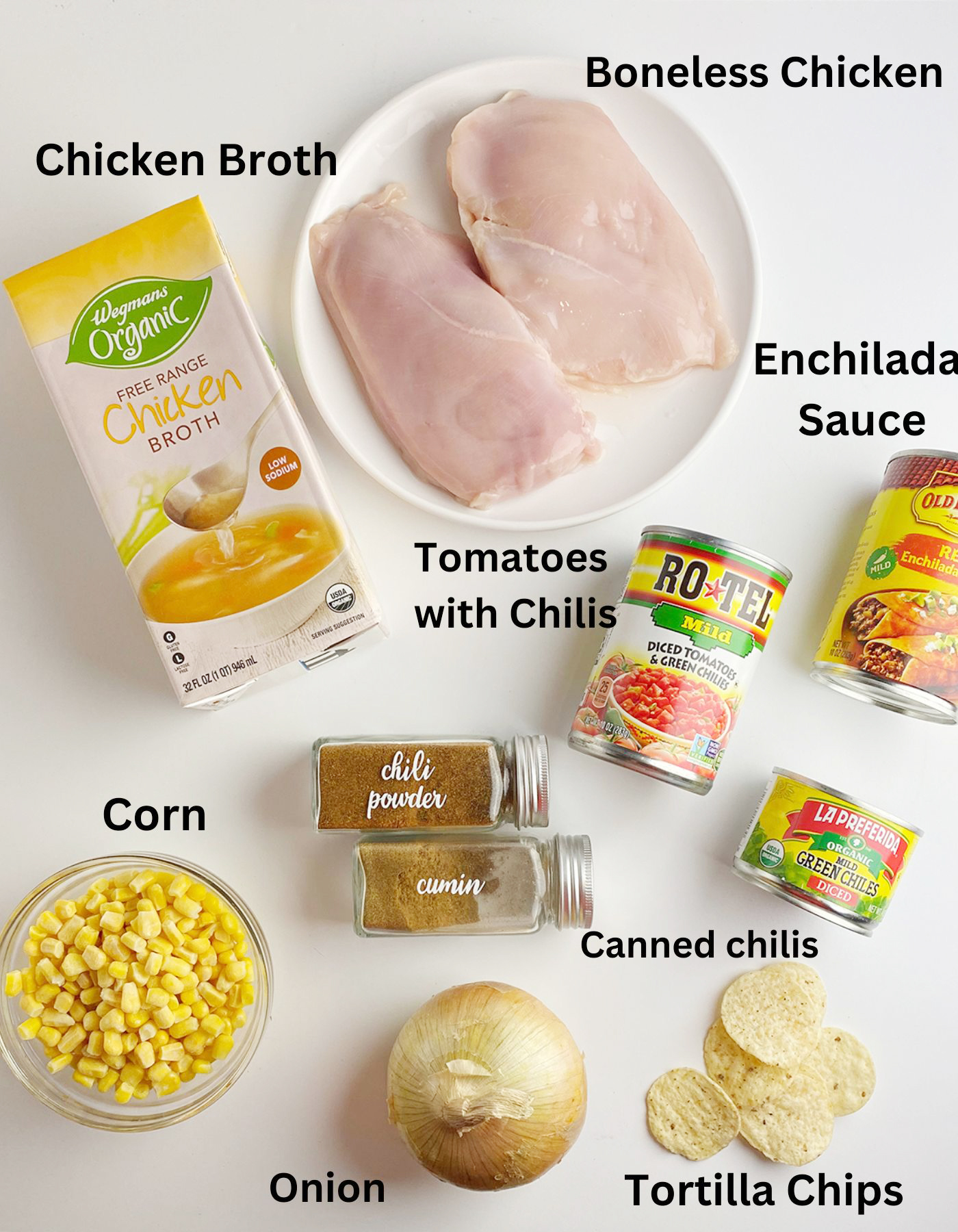 Ingredients needed for slow cooker chicken tortilla soup.