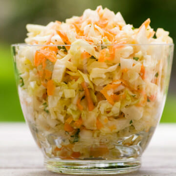 Easy tangy coleslaw in a dish.
