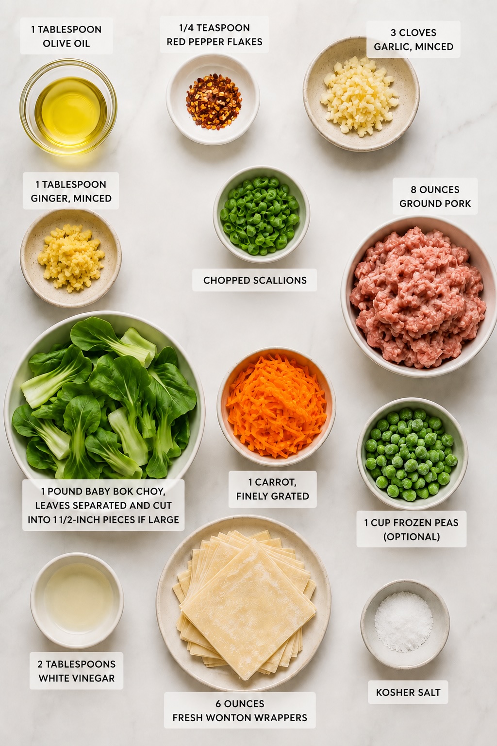 Deconstructed pork dumplings ingredients.