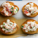 Shrimp crostini on a platter.