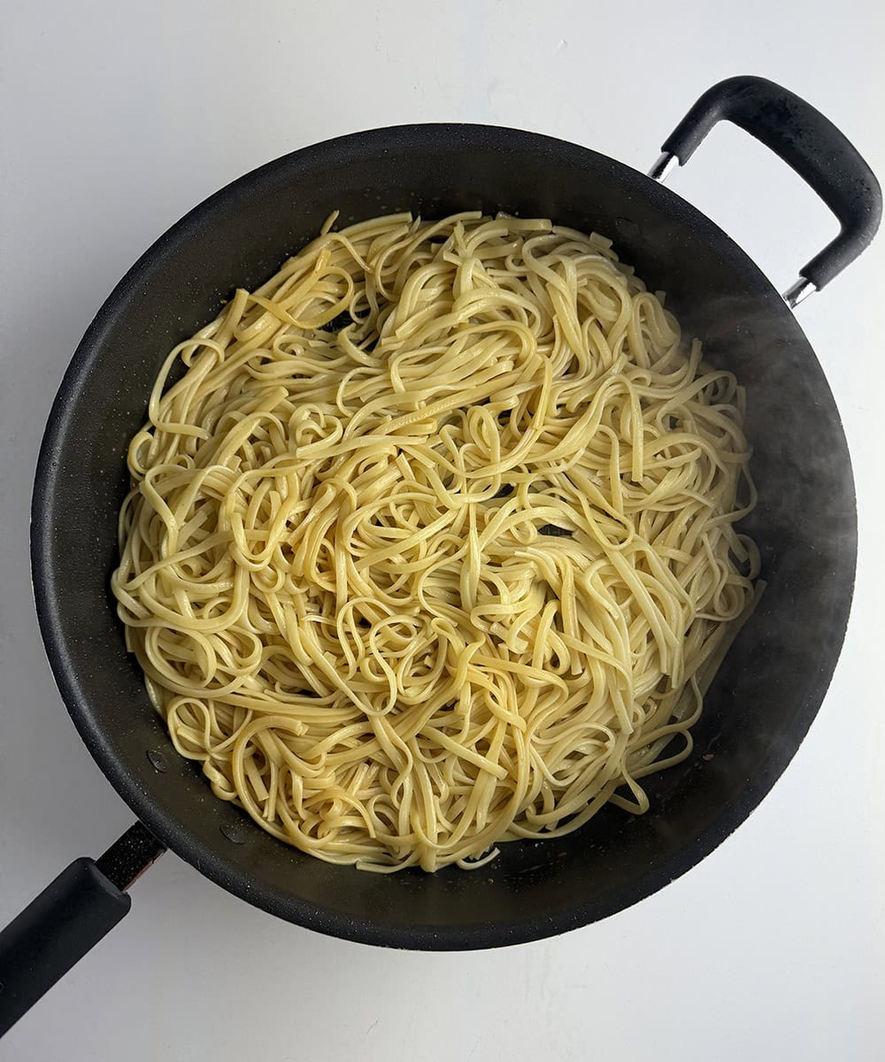 Pasta in a skillet.