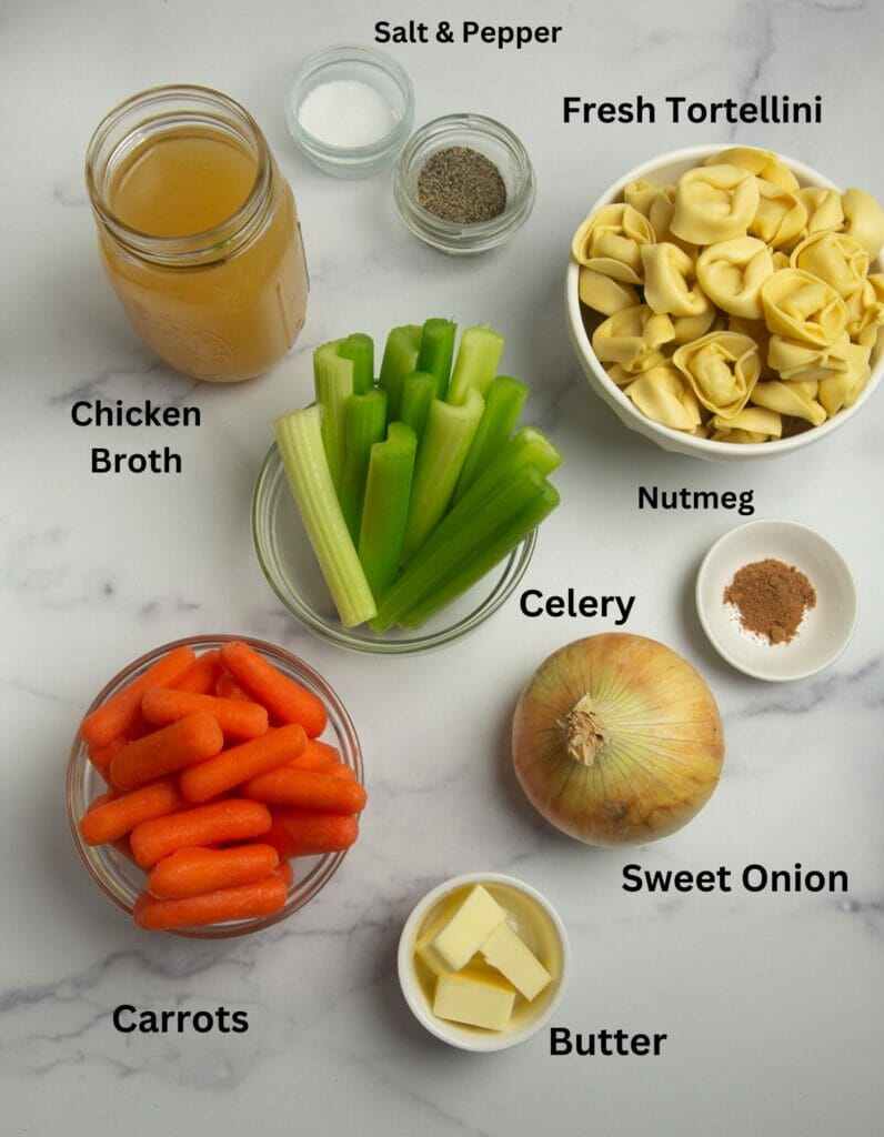 Chicken Tortellini Soup Ingredients on a counter.