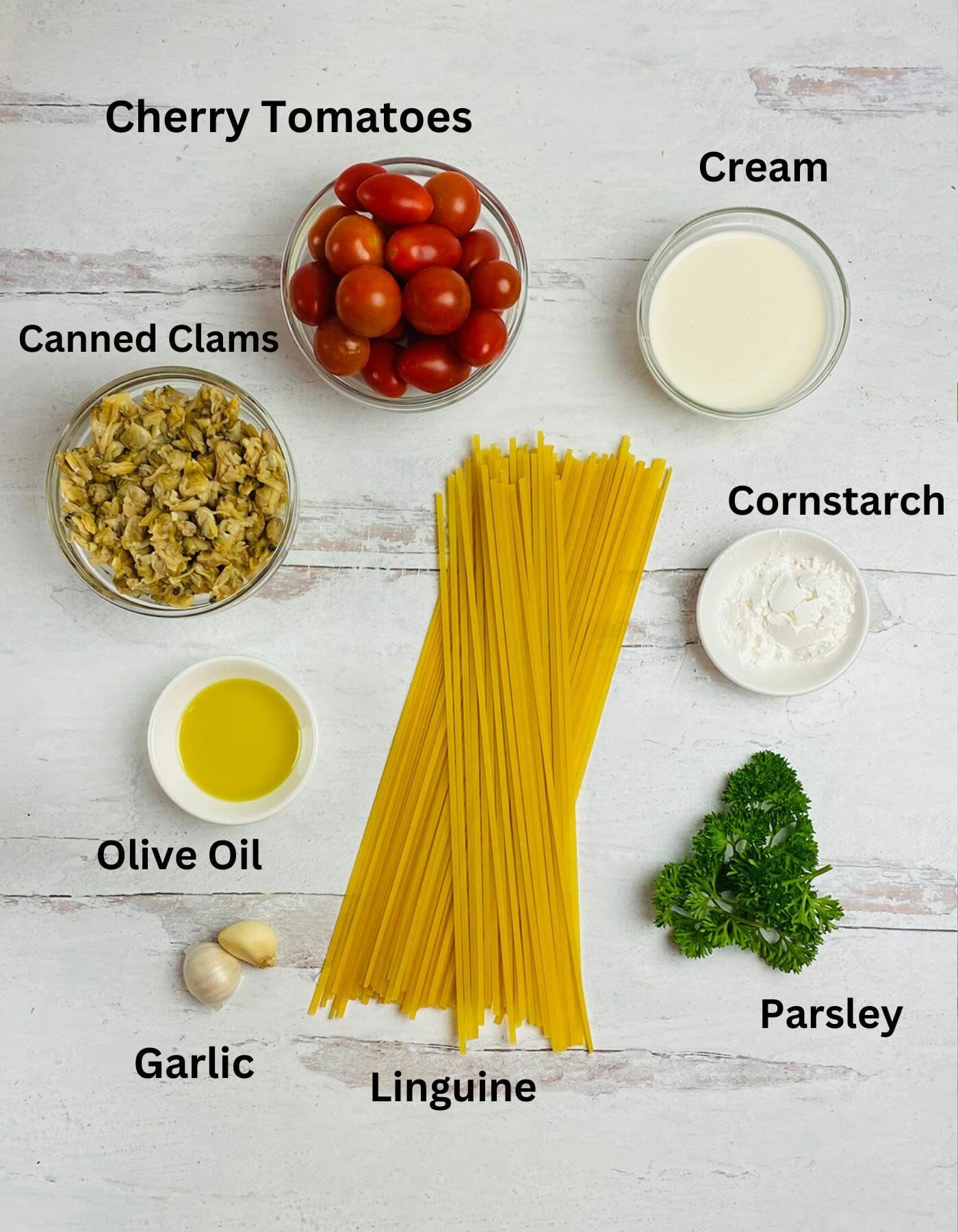 Linguine with creamy clam sauce ingredients.