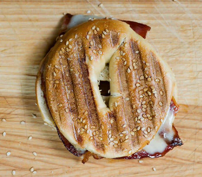 brown sugar bacon cheddar bagel panini