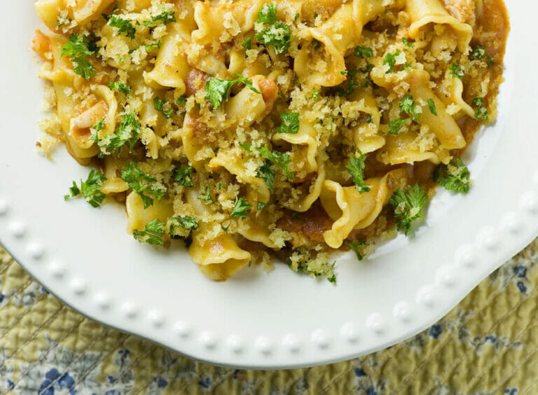 Pasta with Clams, Vodka Sauce and Crispy Breadcrumbs