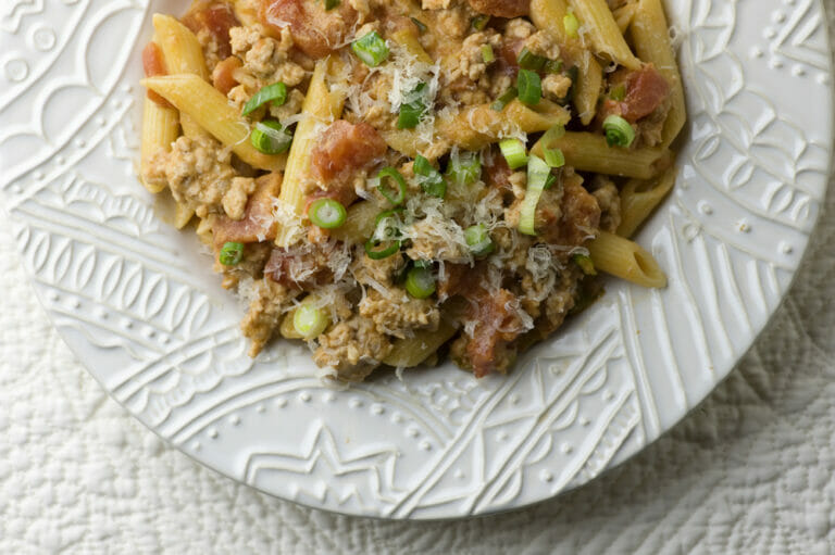 Pasta with Tomato Veal Sauce on a plate.