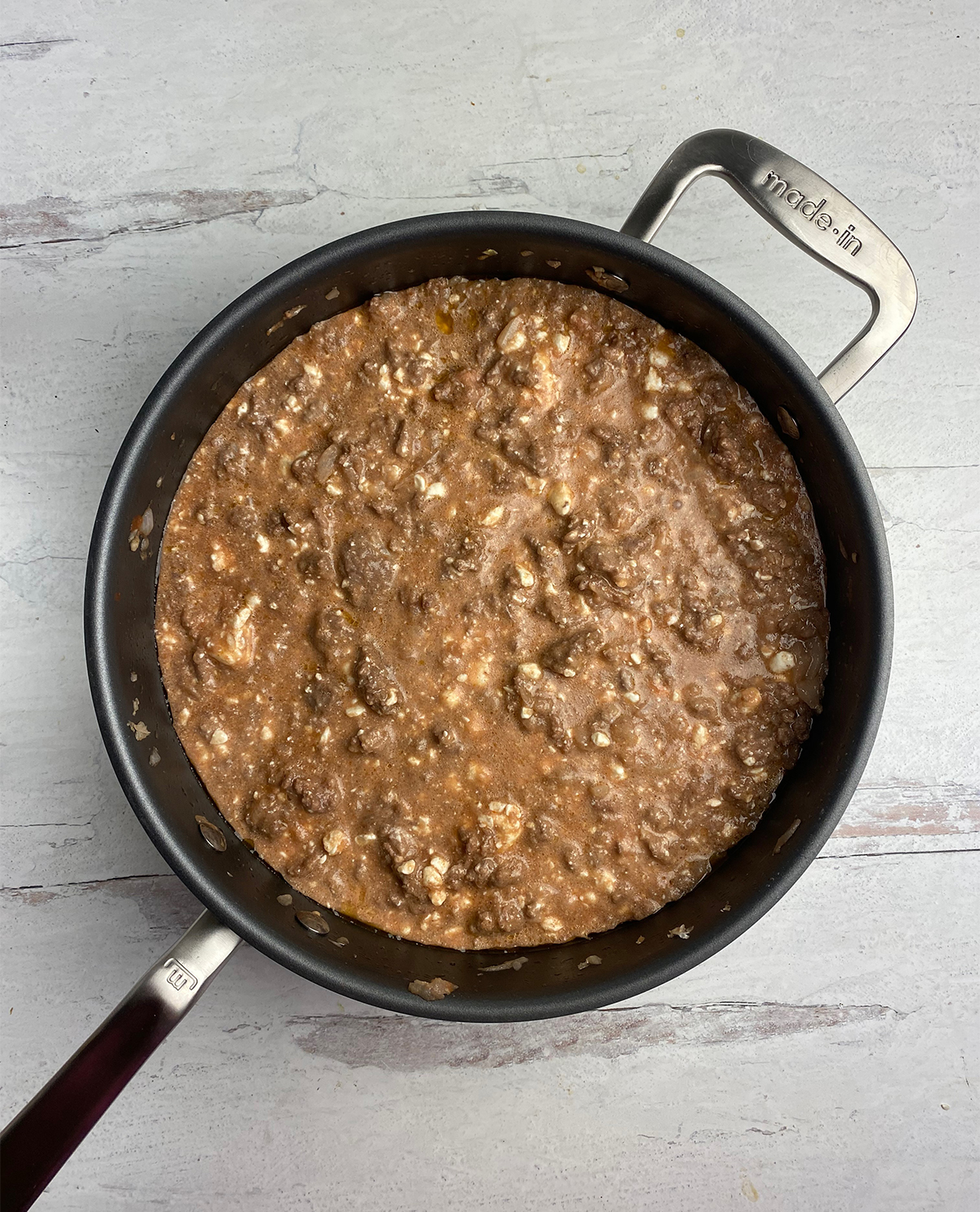 Beef stroganoff casserole mixture in a skillet.