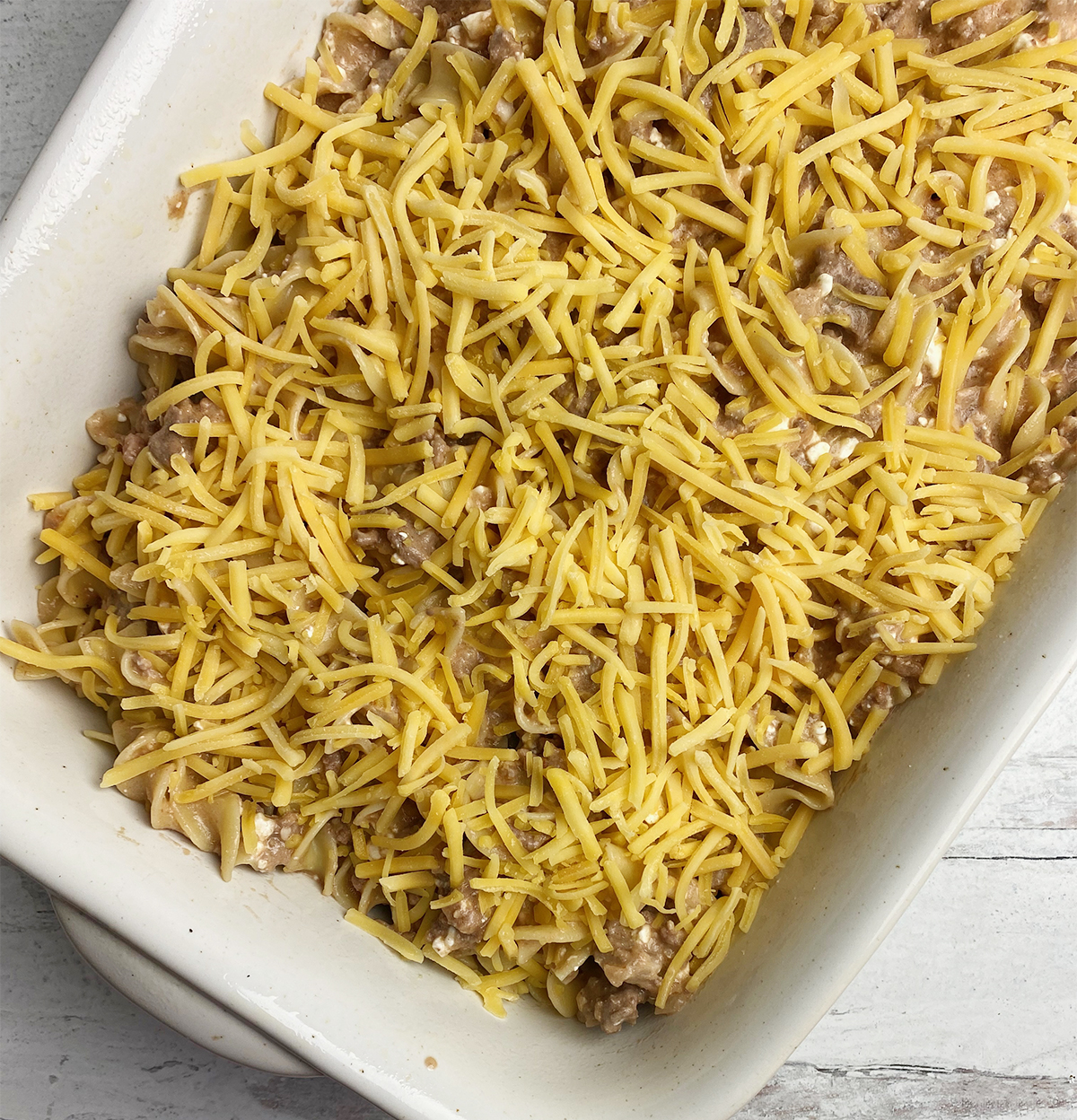 beef stroganoff casserole ready for the oven