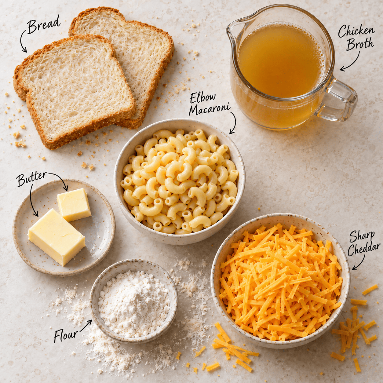 Ingredients for macaroni and cheese soup on a light countertop: bread, butter, elbow macaroni, chicken broth, grated sharp cheddar and flour.