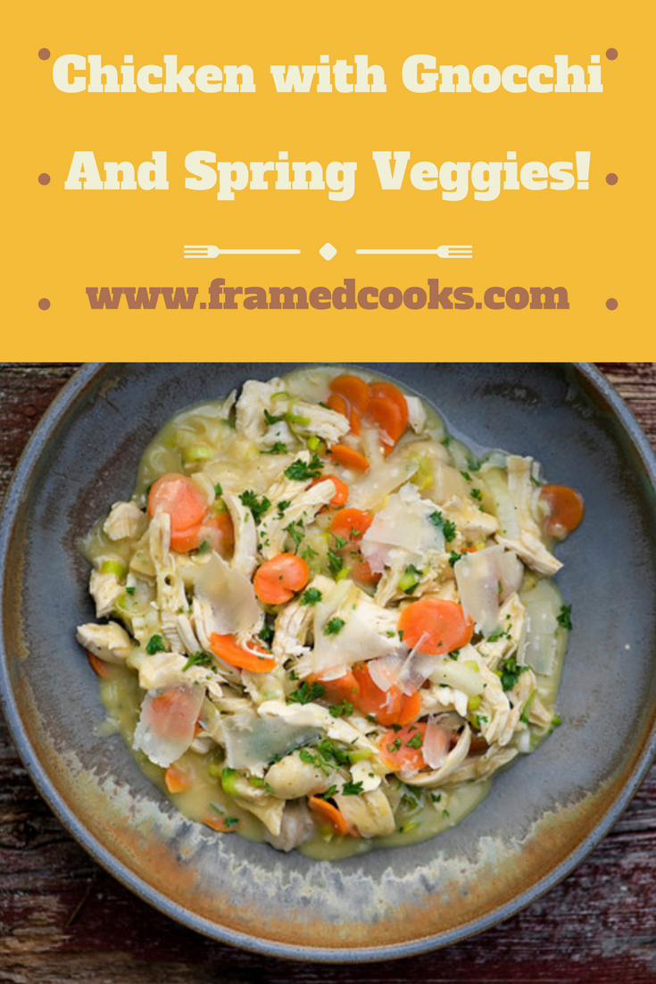 Chicken with spring vegetables and gnocchi taking the place of the usual dumplings makes a perfect spring supper.