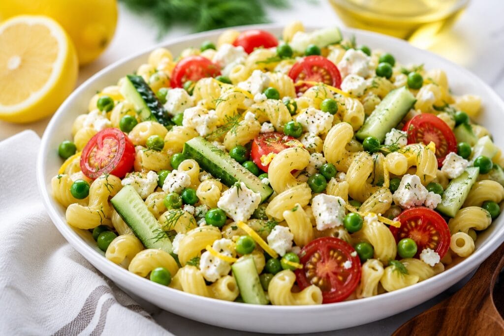 Feta Pasta Primavera in a bowl.