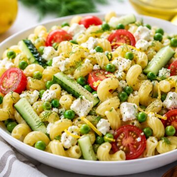 Feta Pasta Primavera in a bowl.