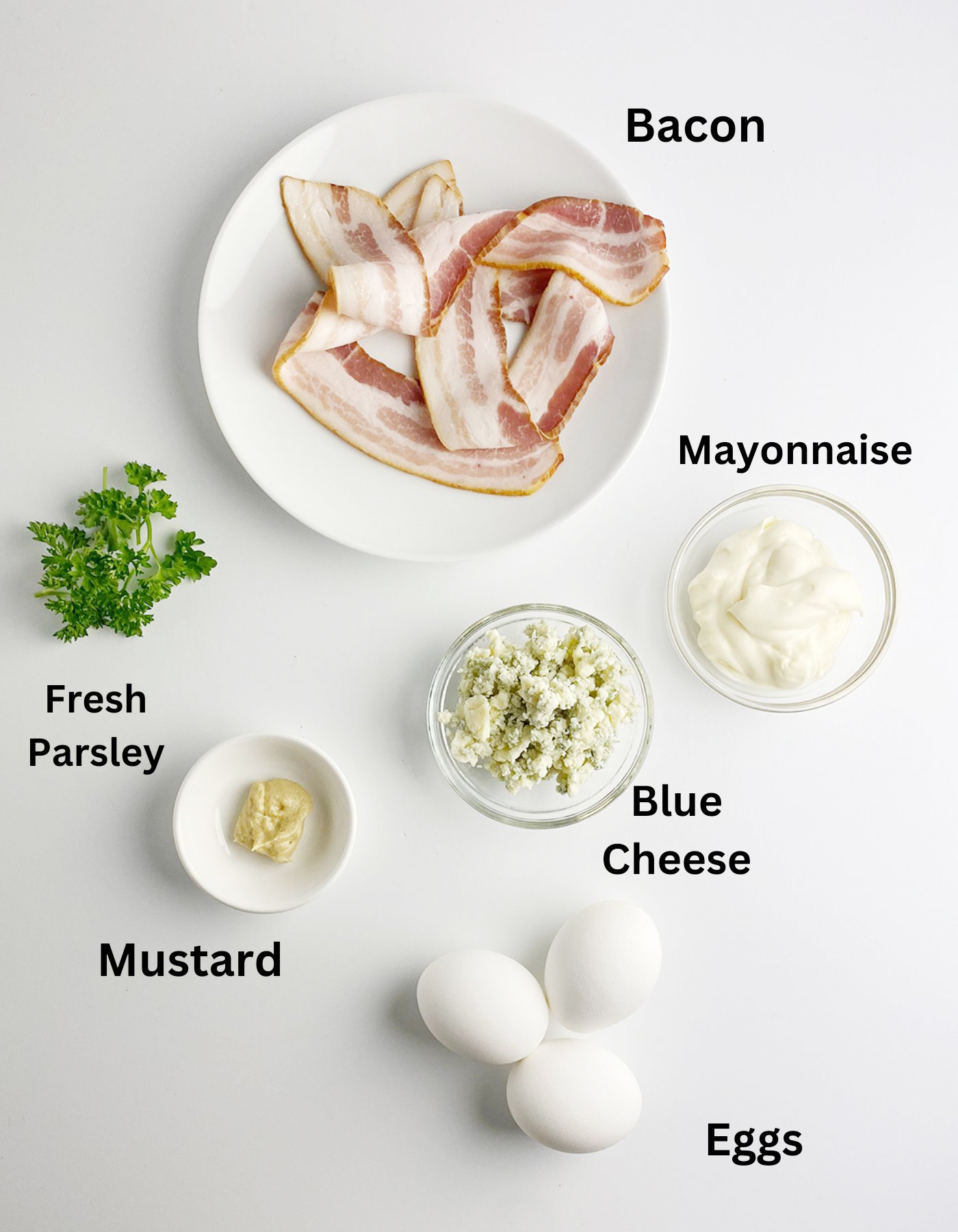 Ingredients for bacon blue cheese deviled eggs.