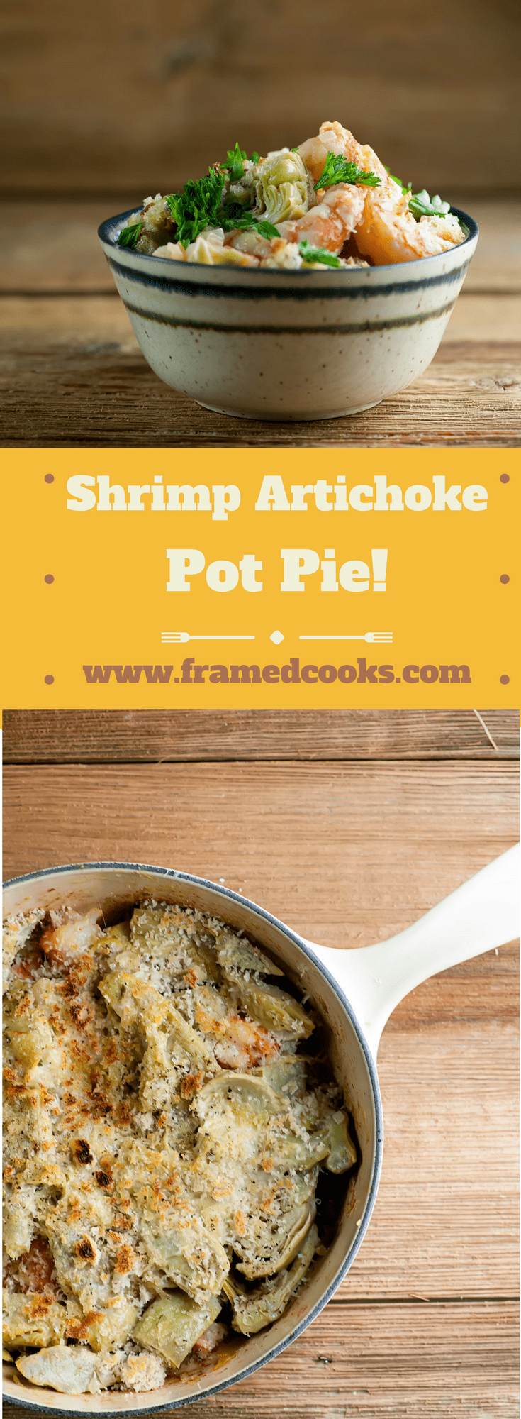 Tender shrimp are topped with an artichoke