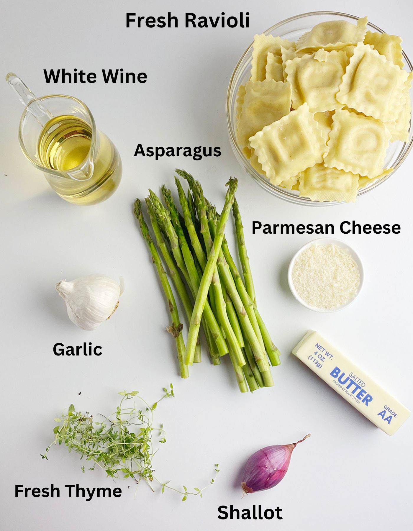 Ingredients for ravioli with white wine butter sauce on a counter.