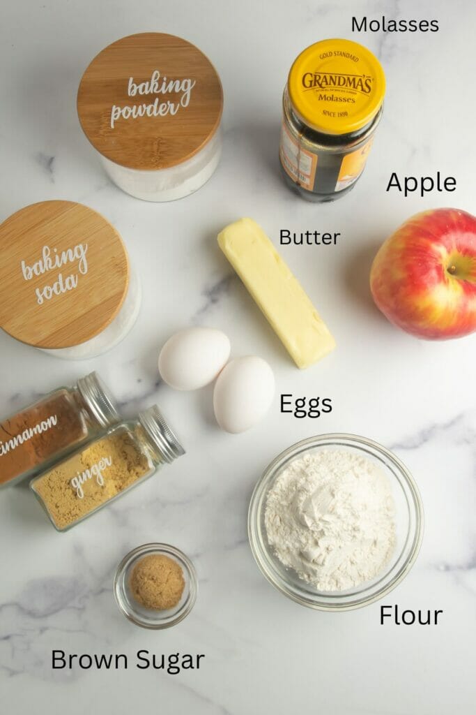 Gingerbread Pancakes Ingredients on a marble counter.