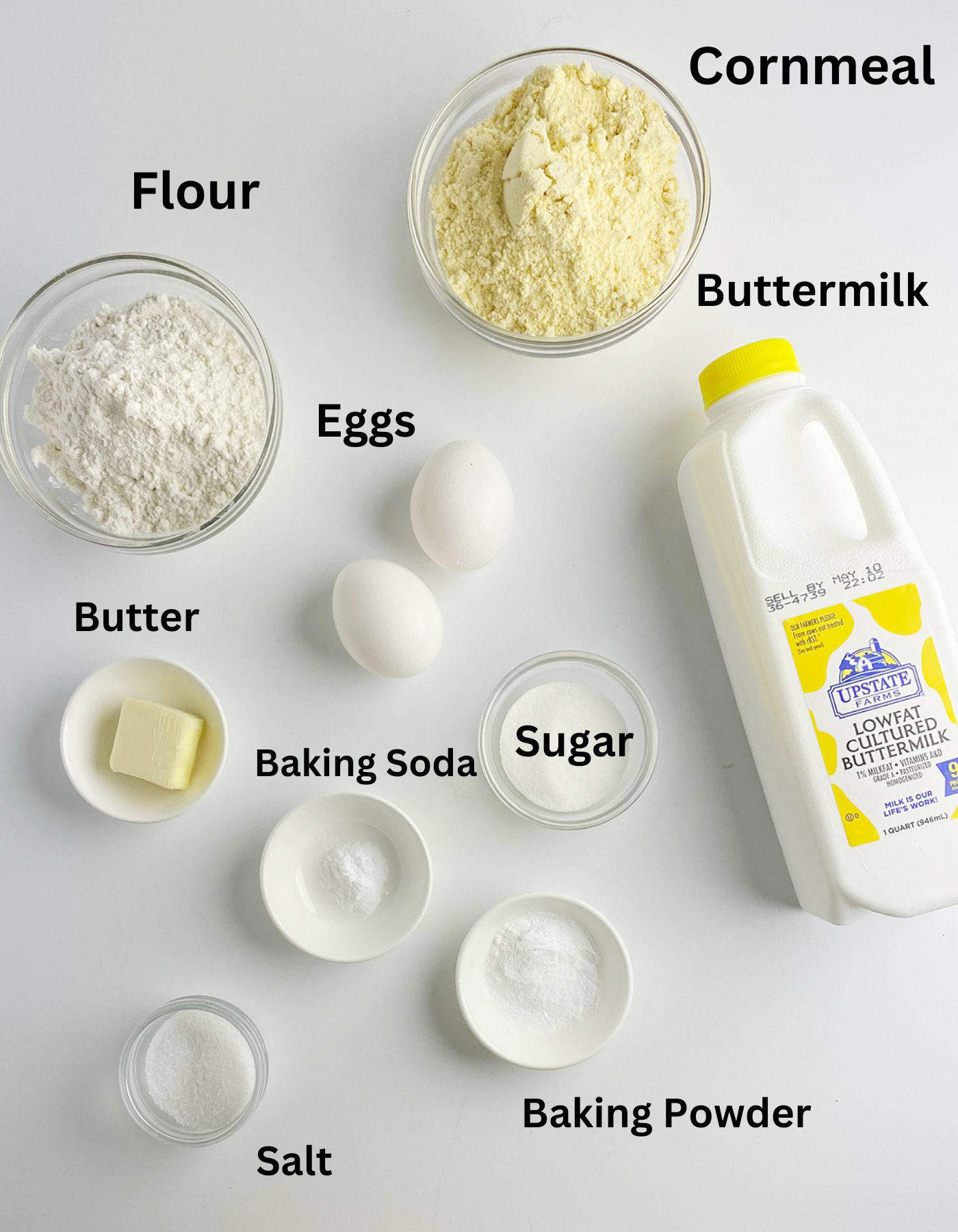 Ingredients for buttermilk cornmeal pancakes.