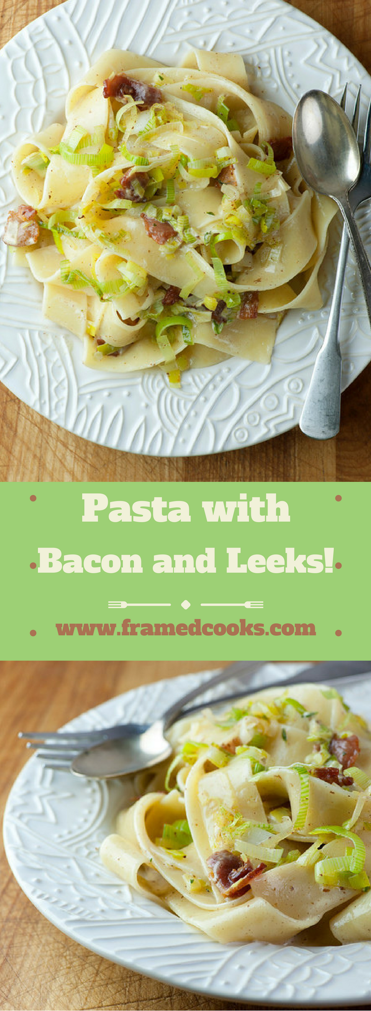 Wide pasta, tender leeks, sweet cream and salty bacon come together in this easy and elegant recipe!