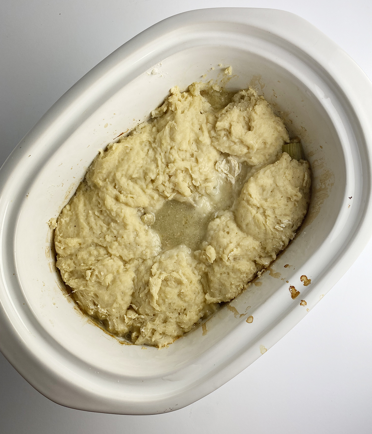 Chicken and dumplings in a slow cooker.