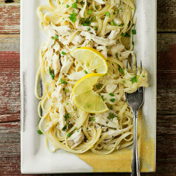 Lemon Chicken Pasta on a plate with a fork.