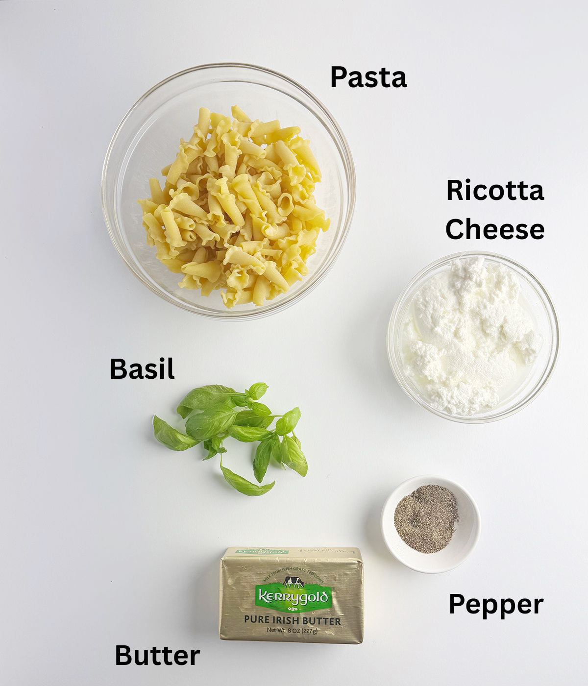 Ingredients needed to make ricotta basil mac and cheese.