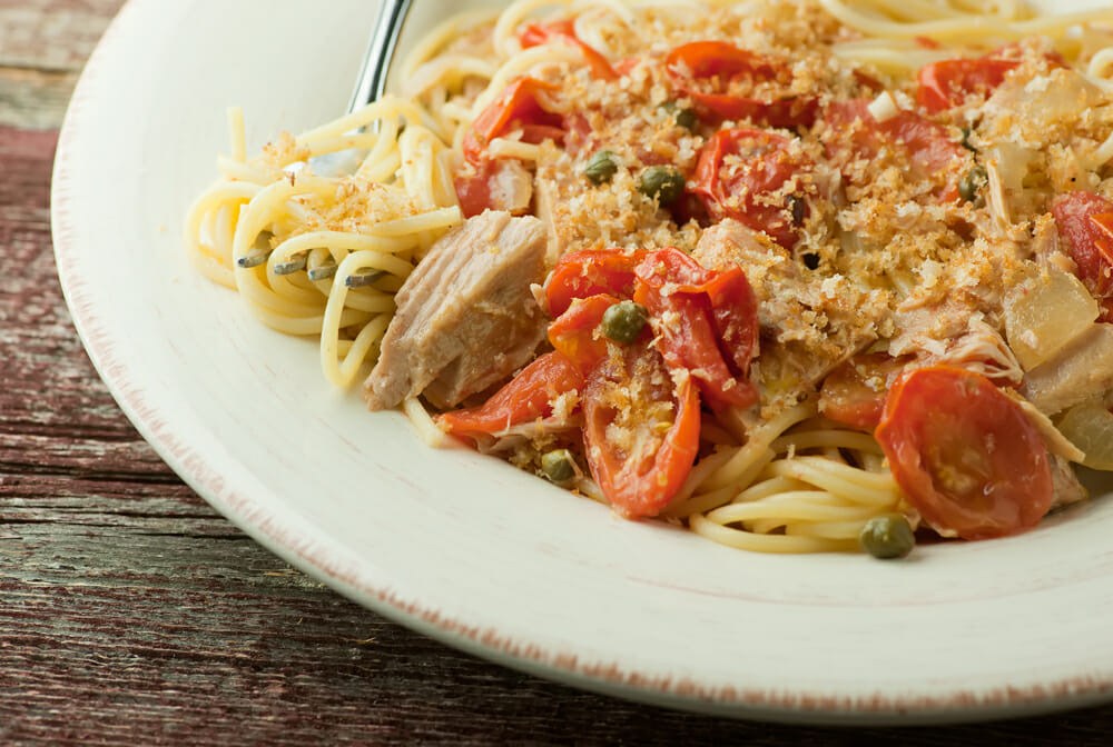 Tuna Pasta with Tomatoes, Capers and Olive Oil Bread Crumbs Framed Cooks