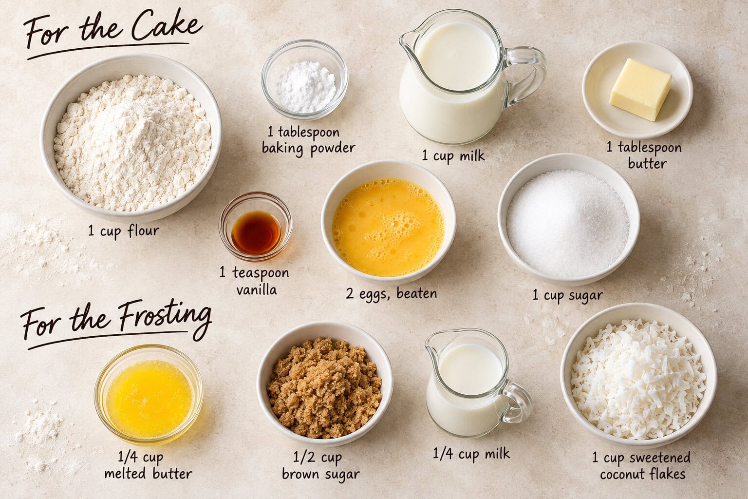 Overhead view of labeled Lazy Daisy Cake ingredients, arranged in separate cake and coconut frosting groups on a cream surface.