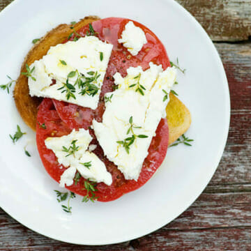 Tomato sandwich with cheese on a plate.