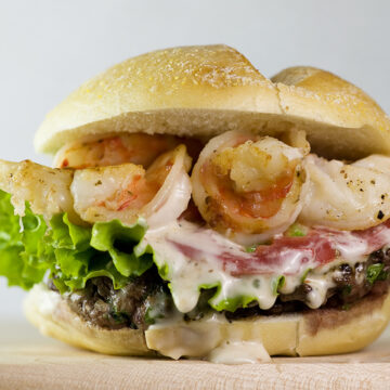 Surf and turf burger on a wooden board